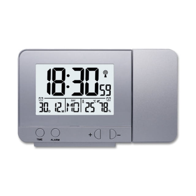 Reloj despertador plateado con carga USB y proyección de temperatura y hora, pantalla LCD