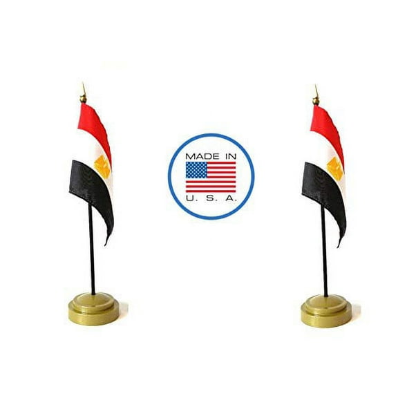 2 Egypt Miniature Desk & Hand Waving Flags Set - Includes 2 Rayon 4"x6" Flags, 2 Bronze Stands, and 2 Mini Egyptian Stick Flags