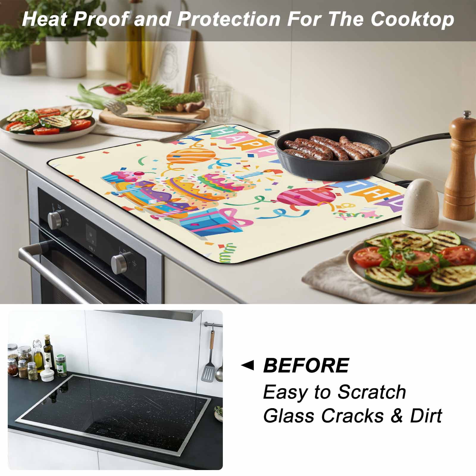 Happy Birthday Cake Stove Top Cover for Electric Stove, Heat-proof & Non Slip Glass Top Stove Cover Protector, Ribbon Balloon Cartoon Cute Kitchen Flat Cooktop Rubber Mat 24x21 Inches