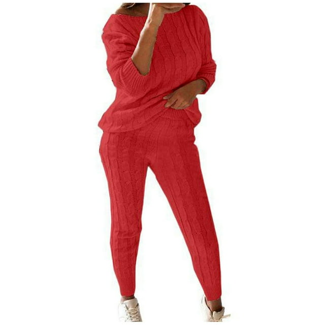 Pants for Women Solid Color Off Shoulder Long Sleeve Warm Two-piece Long Sweater Suit Set Comfortable Breathable Soft (Large, Watermelon Red)