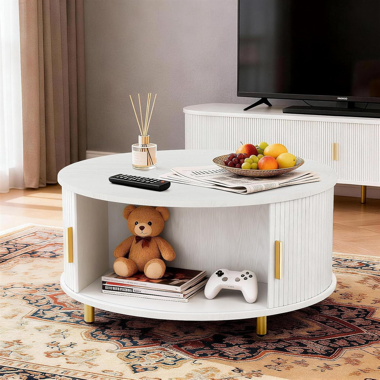 avobird 31.5" Round Coffee Table with Storage, Fluted Wood Accent Center Table with 360° Curved Sliding Door & Adjustable Footpads for Living Room, White