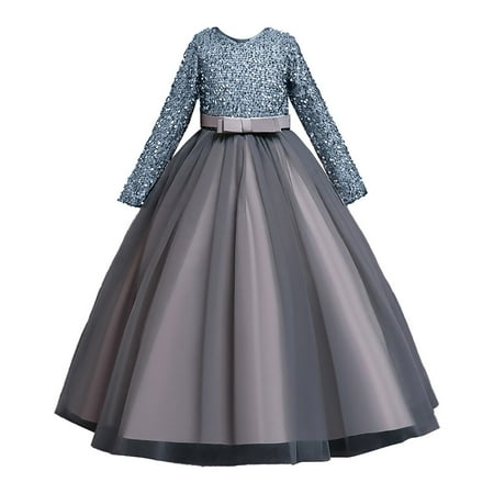 

HTGFGMGW Flower Girl Dress Kids Girls Vintage Flower Lace 3/4 Sleeves Formal Wedding Party Dance Dress Girls Dress Grey