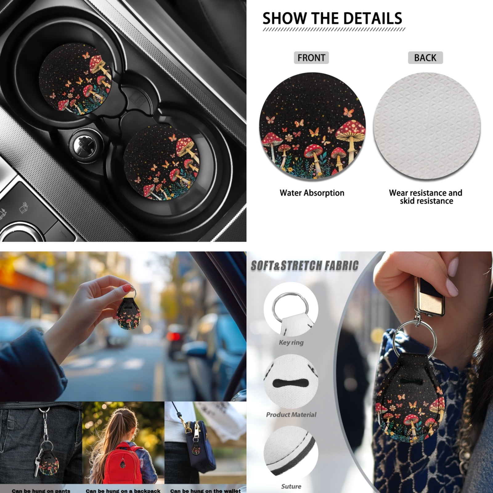 Yuyamidu Aesthetic Mushroom Car Seat Cover Set of 13 Butterfly Auto Interior Sets with Steering Wheel Cover Seat Belt Pad Armrest Cover Pad Cup Mat Key Chain