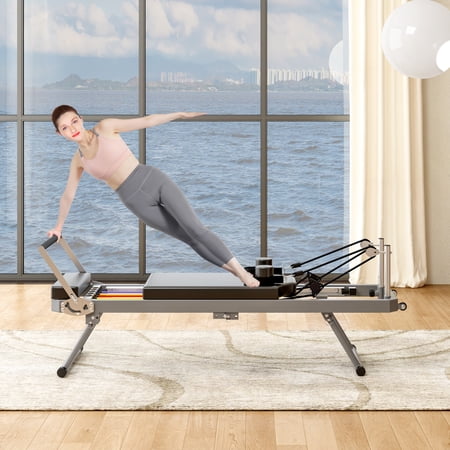Pilates Reformer Machine for Home Gym Workout, Foldable Pilates Equipment with High Strength Alloy Springs for Beginners, Up to 330lbs,Beige