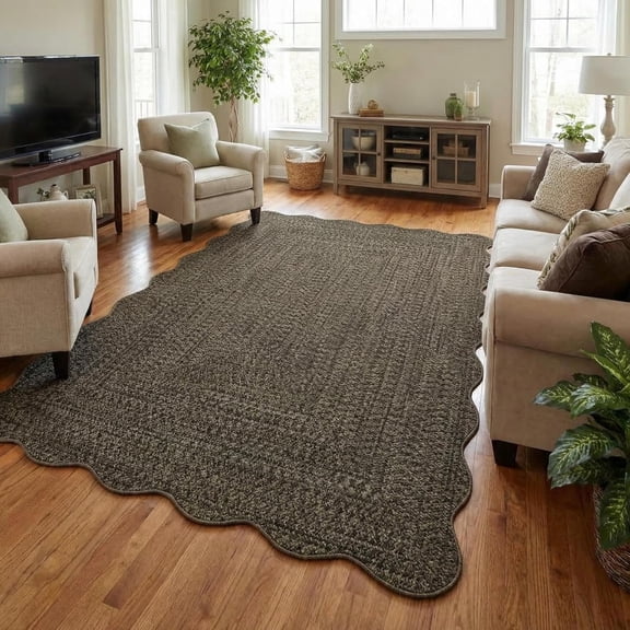 5x7 Scalloped Farmhouse Braided Print Area Rug, TPR Non Slip Washable Low Pile Standard Living Room Bedroom Carpet,Brown