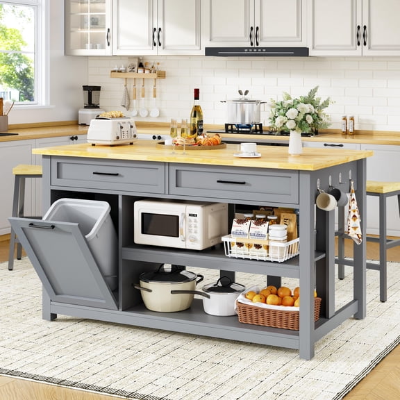 47" Solid Rubberwood Top Kitchen Island with Storage, 2 Bar Stools