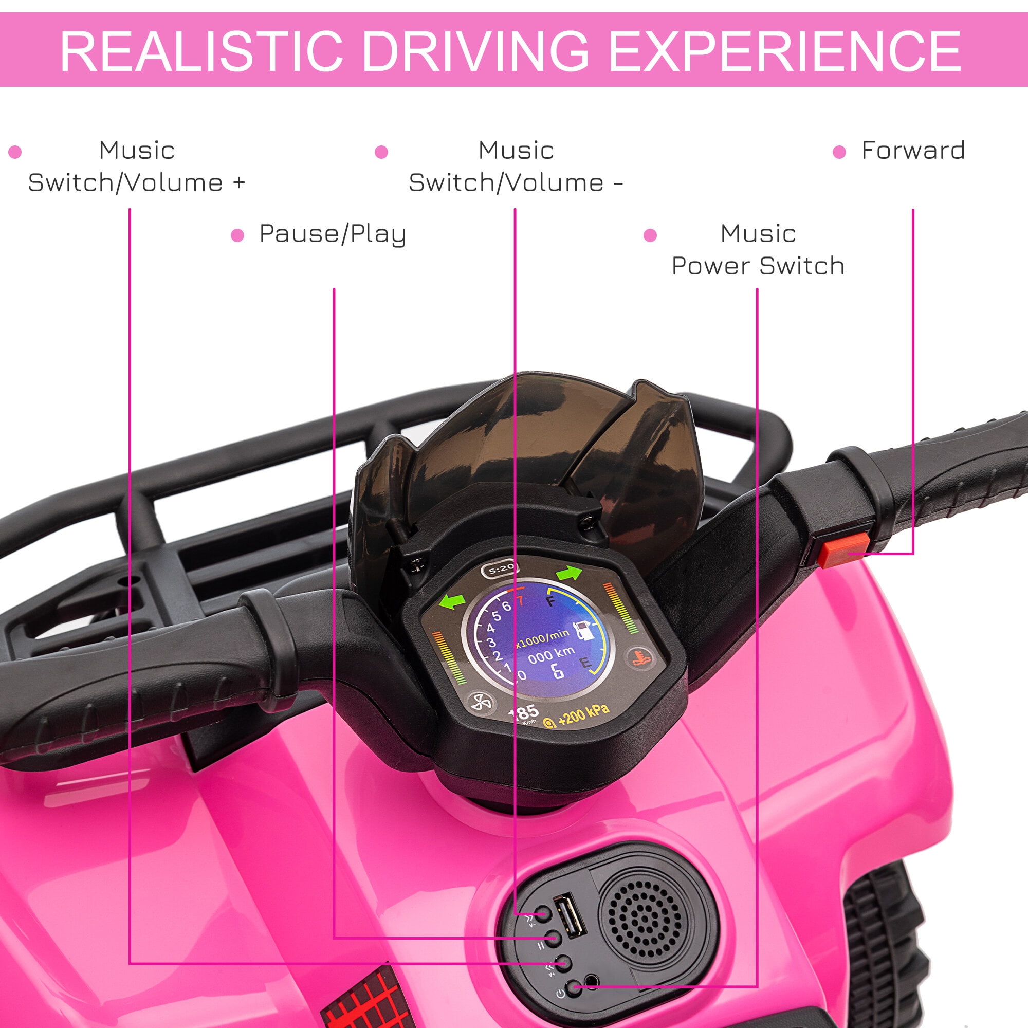 Bikes Aosom ATV Four Wheeler Ride on Car, Motorized Quad, 6V Battery Powered Electric Quad with Songs for 18-36 Months, Pink, Riding Toys
