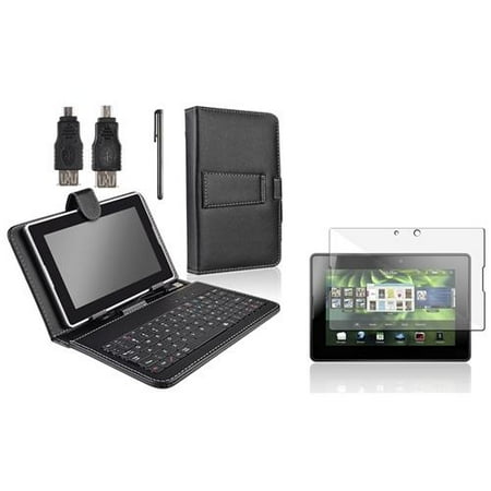 INSTEN Black Tablet Leather Case with Keyboard and Stylus + Clear Screen Protector for Blackberry Playbook