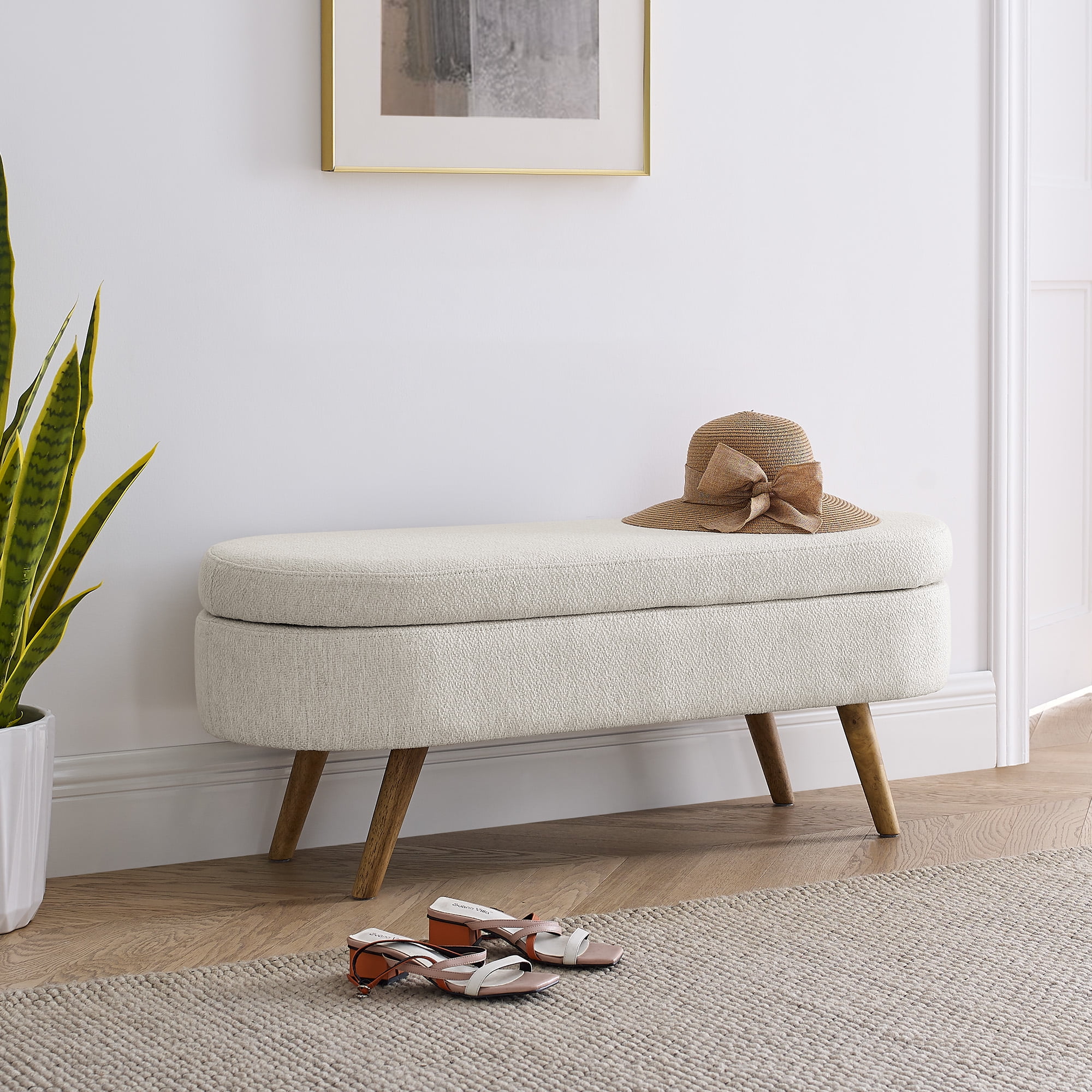 BSHTI Ottoman Oval Storage Bench,Rubber Wood Legs,Storage Bench with Cylindrical Arms and Iron Legs for Hallway Living Room Bedroom