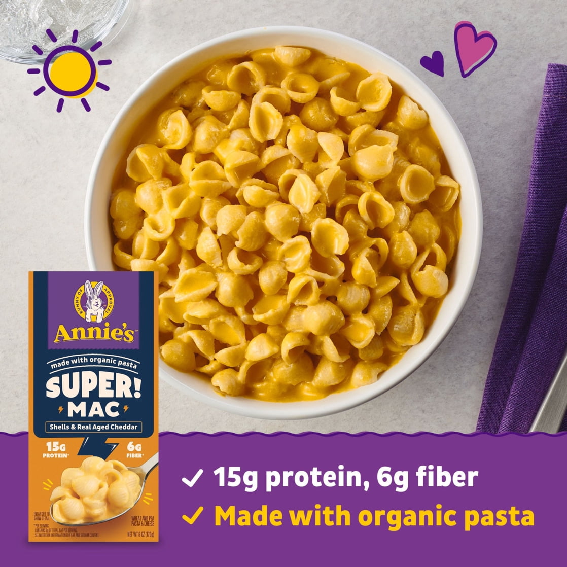 (12 pack) Annie's Super! Mac, Macaroni And Cheese, Shells and Real Aged Cheddar, 6 oz