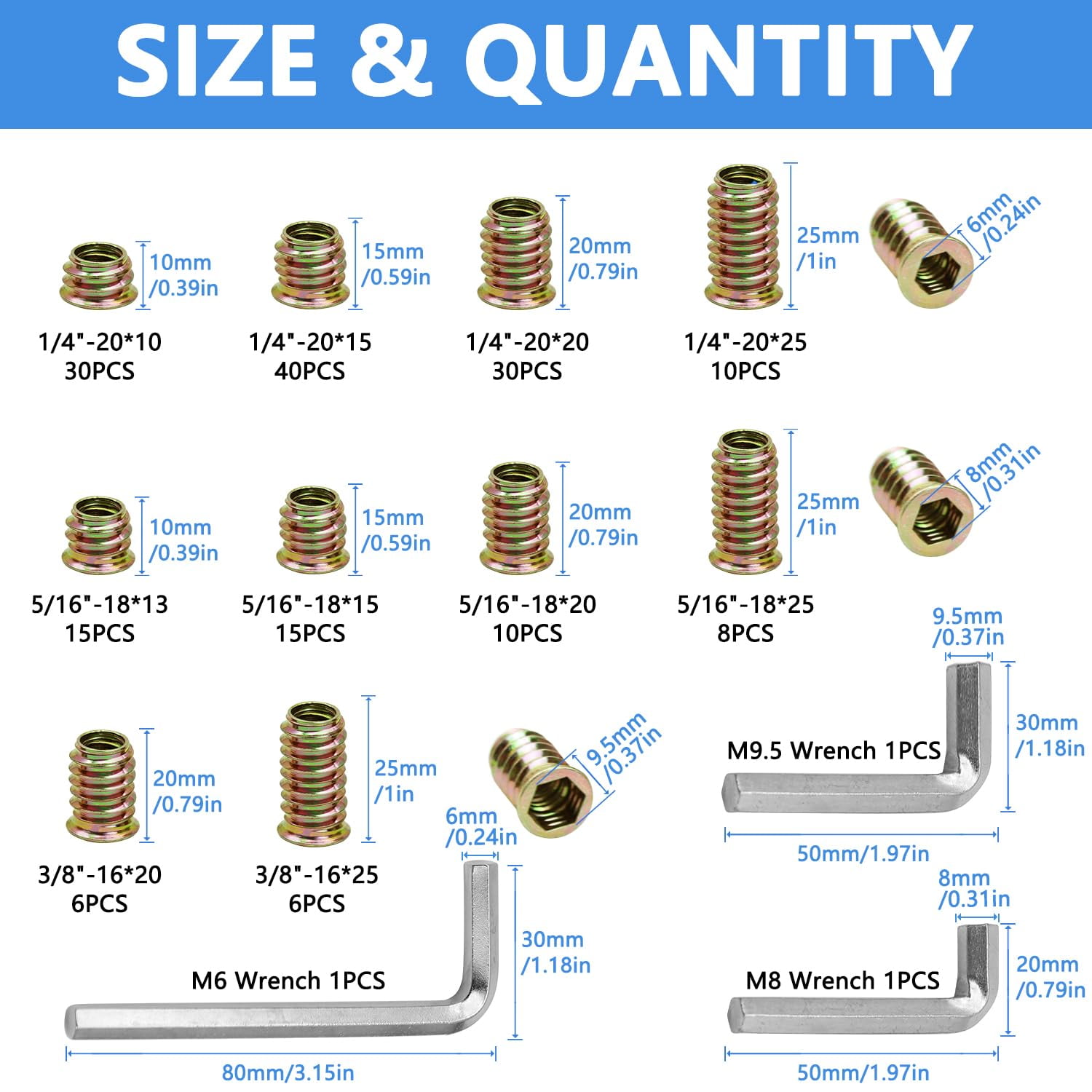 170 PCS Threaded Inserts Nuts, 10 Sizes-1/4-20, 5/16"-18, 3/8"-16 Wood Inserts Assortment Kit, Steel Threaded Inserts for Wood Furniture Screw Threaded Inserts Kit with 3 PCS Hex Wrench