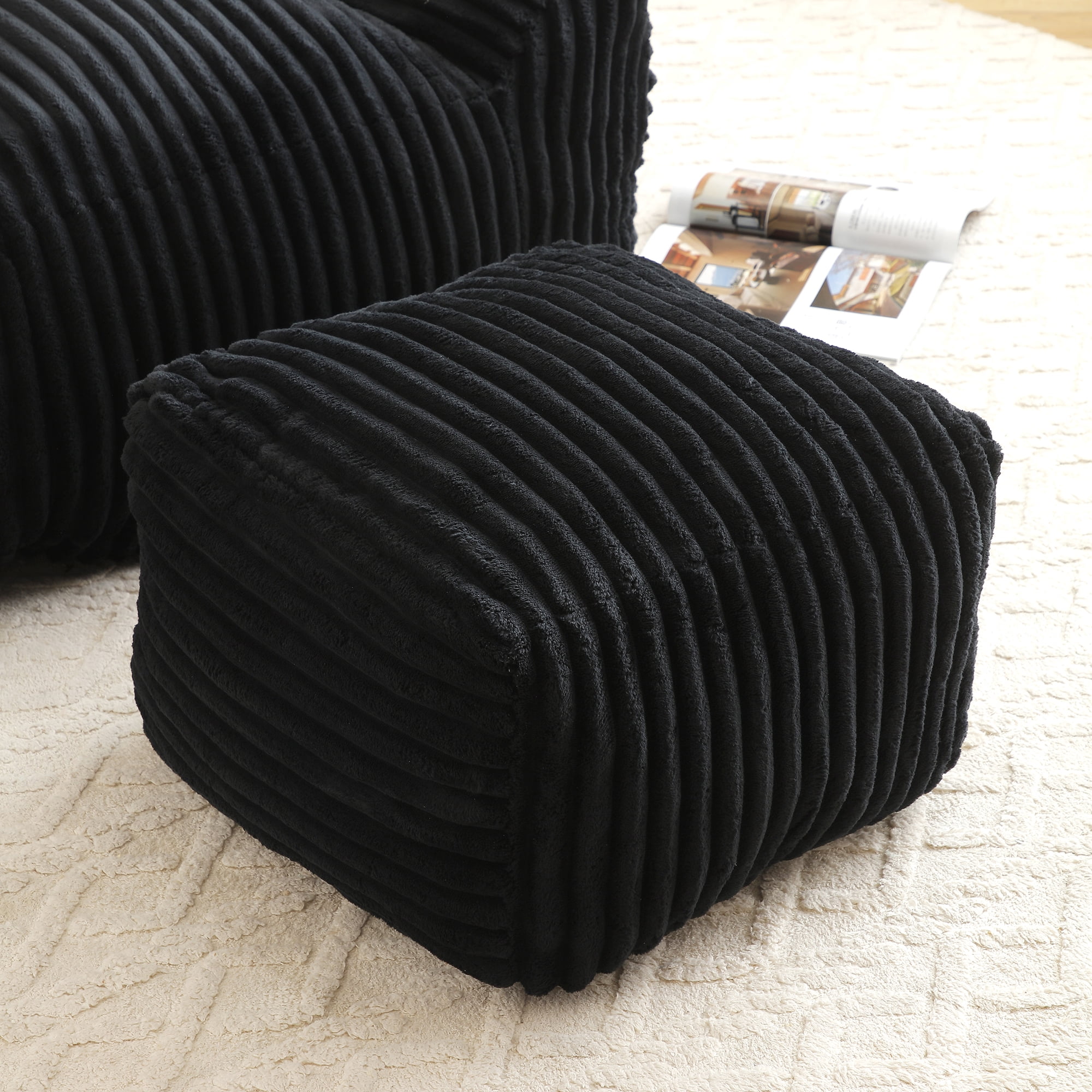 FFZ Giant Black Plush Bean Bag Chair For Adults With Armrests Footstool