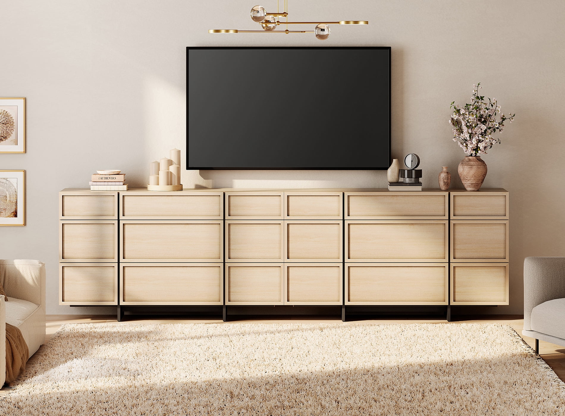 Modern TV Stand with 18 Drawers and T-Shaped Wood Legs, Picture Frame Style Entertainment Center Media Console with Smooth Metal Slides, Fits TVs up to 110 Inch for Living Room Bedroom,Beige