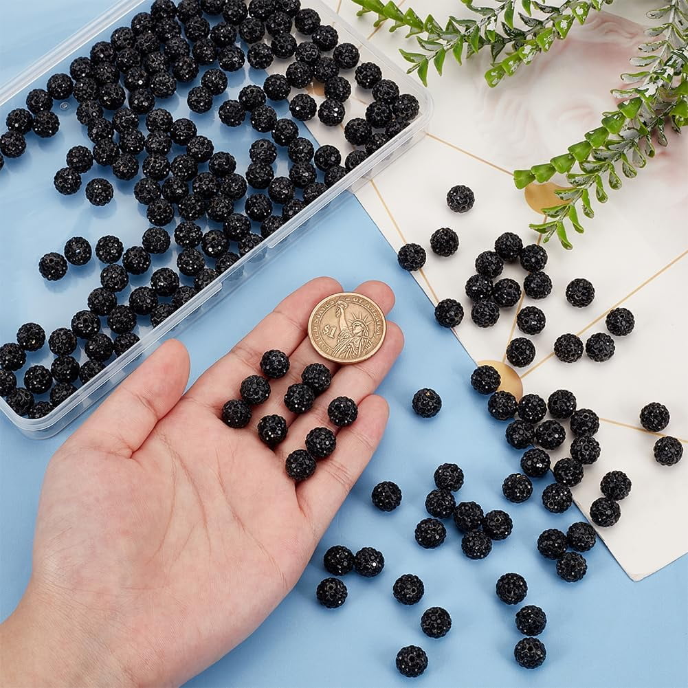 200pcs Rhinestone Beads 10mm Black Beads Disco Ball Beads Polymer Clay Beads Glitter Round Beads Loose Beads for Friendship Bracelet Necklace Earring Jewelry Craft Making Jet