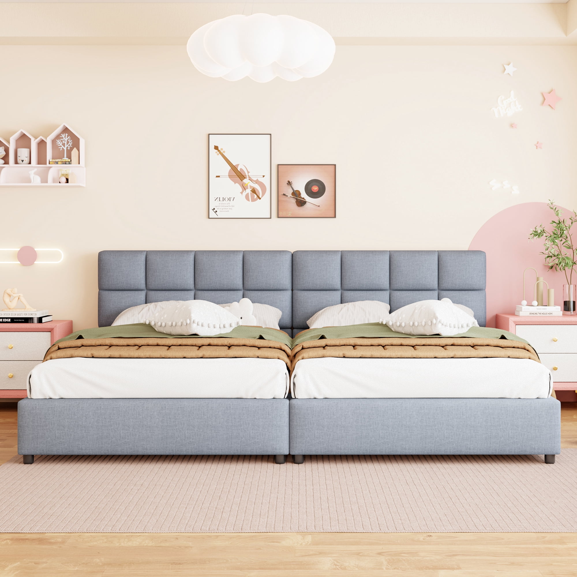 2 Pcs Twin Size Upholstered Platform Bed with Underbed Hydraulic Storage System