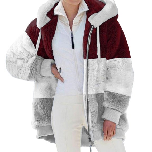 Hearthz Zip Up Womens Hooded Jacket Fleece Color Block Patchwork Coat Winter Warm Fuzzy Sherpa Shackets for Women 2026