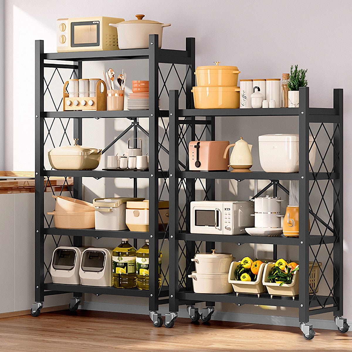 Joybos 5-Shelf Heavy Duty Metal  Storage Shelves with Wheels and Privacy Curtains, No Assembly Organizer Wire Shelf Rack for Kitchen, Basement, Pantry
