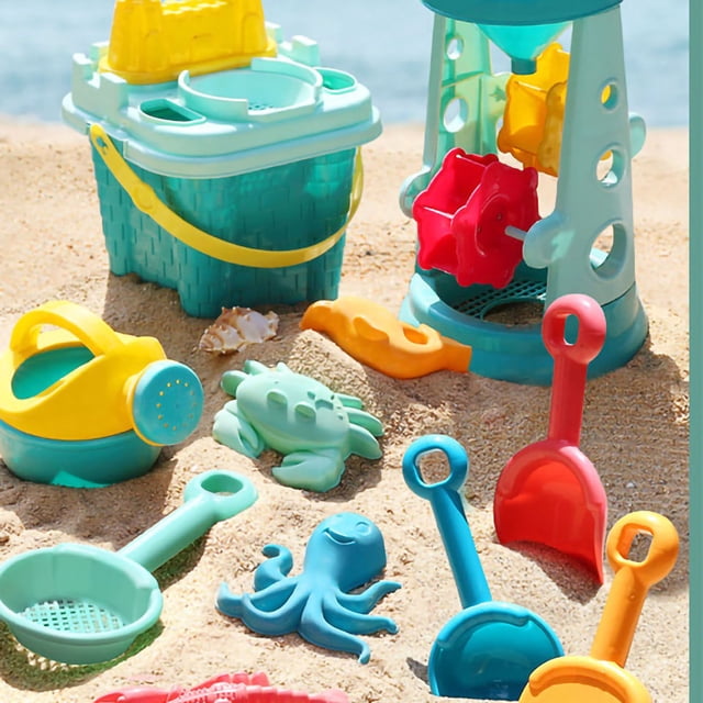 Juego de juguetes de arena de 9 piezas con palas, rastrillo, balde y reloj de arena con castillo Diversión en la playa para niños