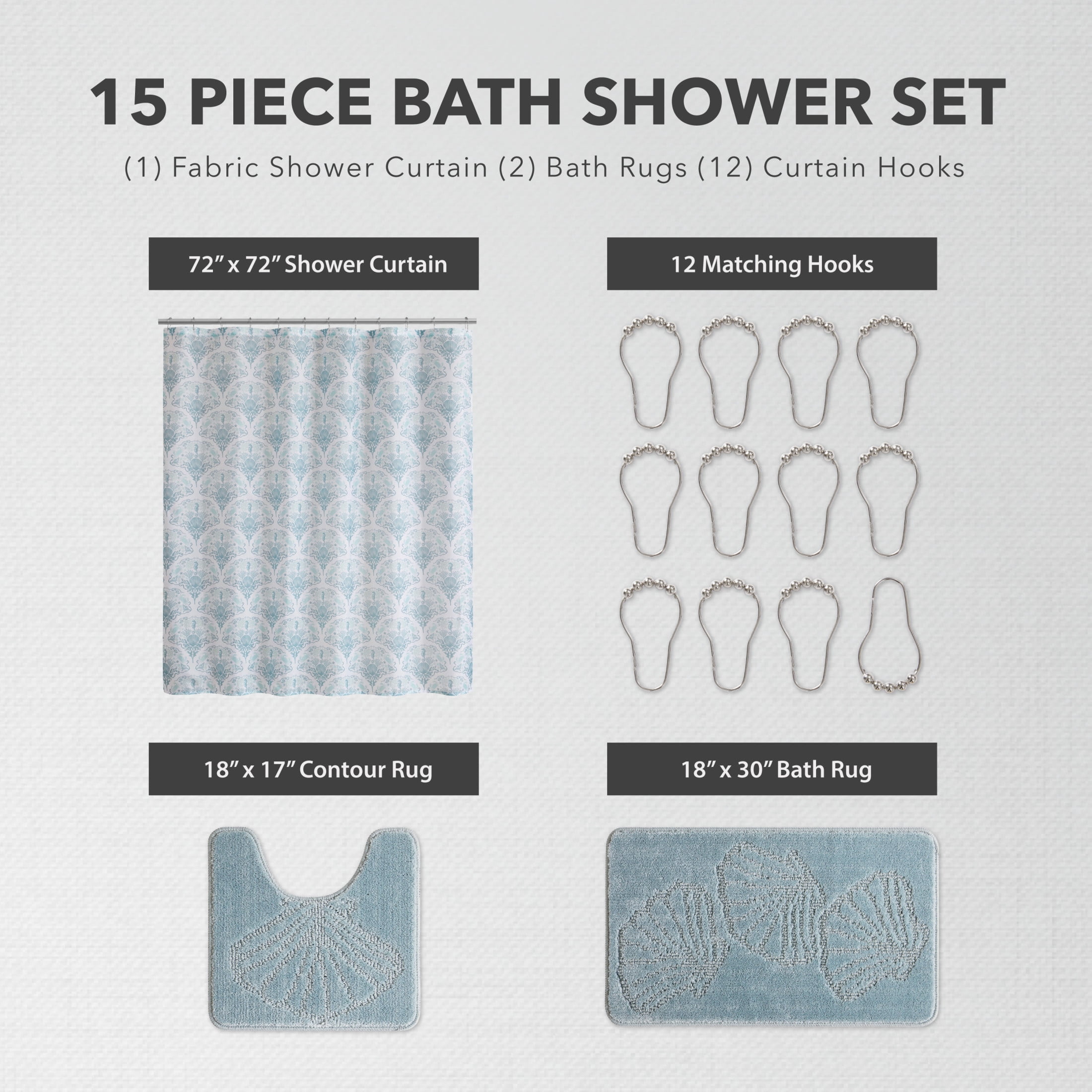 CHI Newport Shower Curtain with Hooks and Rugs Modern Washable 72" W x 72" L 15-Piece Set