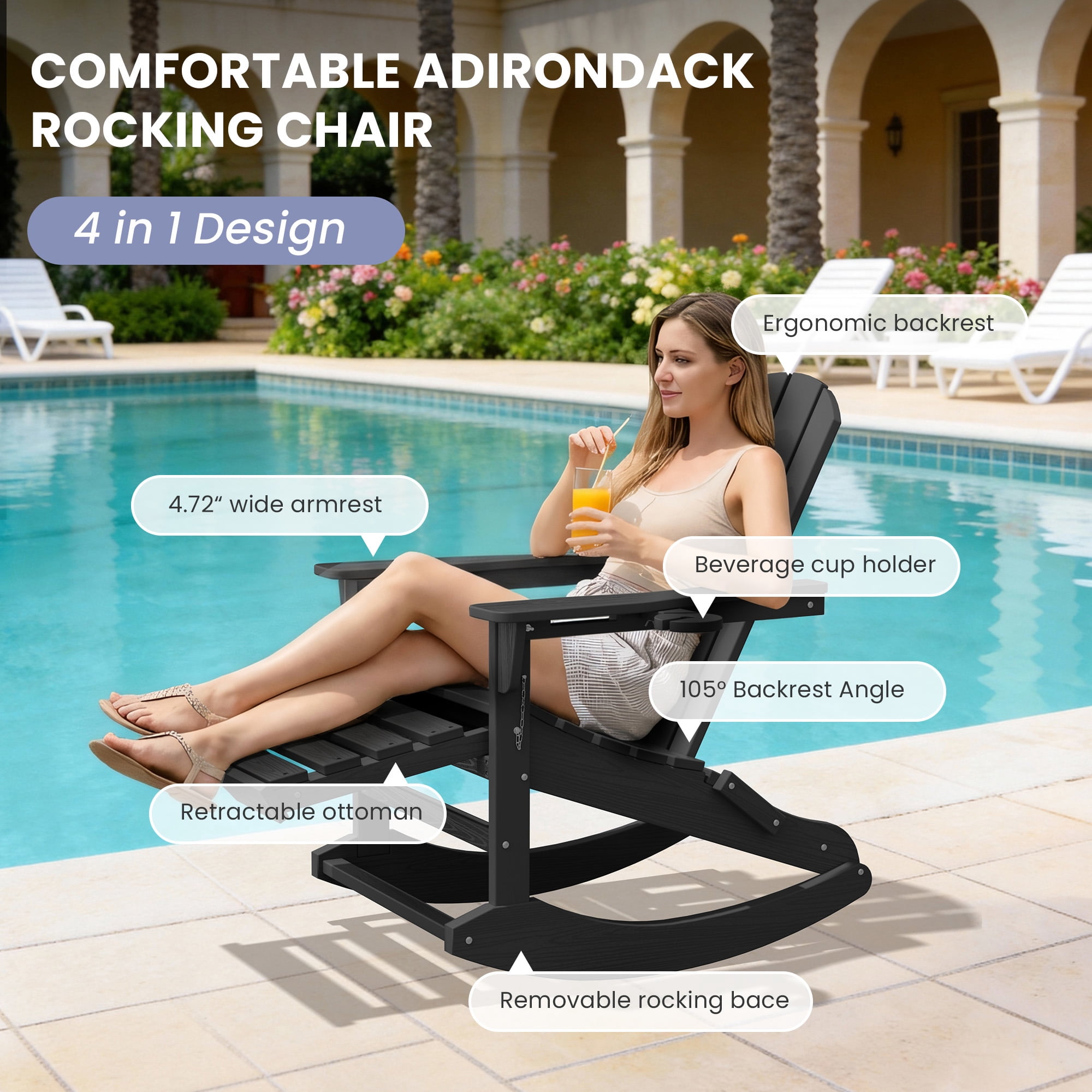 KINGYES Adirondack Rocking Chair Set of 2 with Retractable Ottoman and Cup Holders, HDPE Adirondack Rocker, Patio Rocking Chair for Porch, Patio, Black