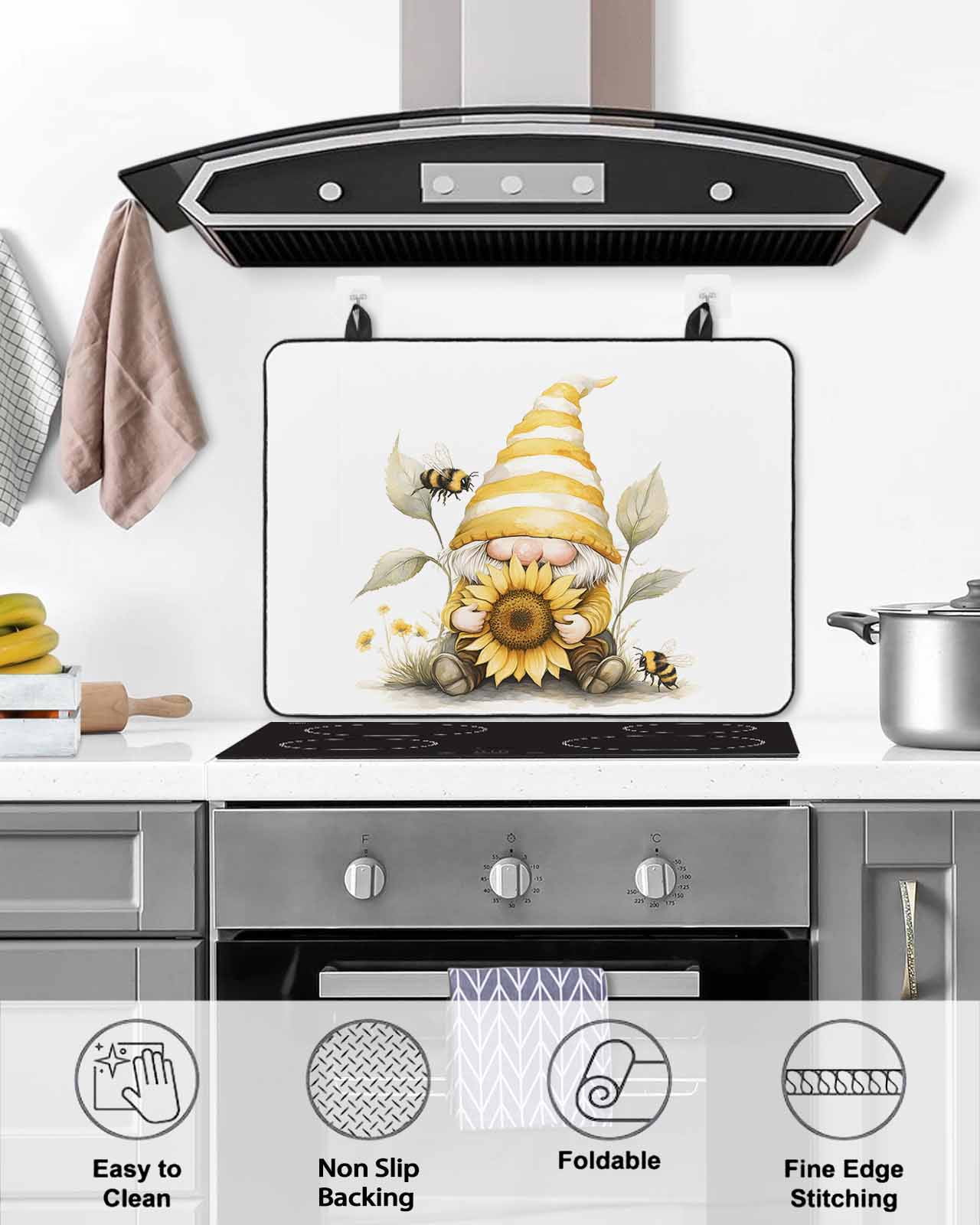 nqOlkjepod Large Induction Cooktop Protector Mat 24"x21", Yellow Gnomes Stove Top Covers for Electric Stove, Sunflower Bee Vintage Abstract Artwork Stove Burner Cover Mats, Glass Top Stove Cover
