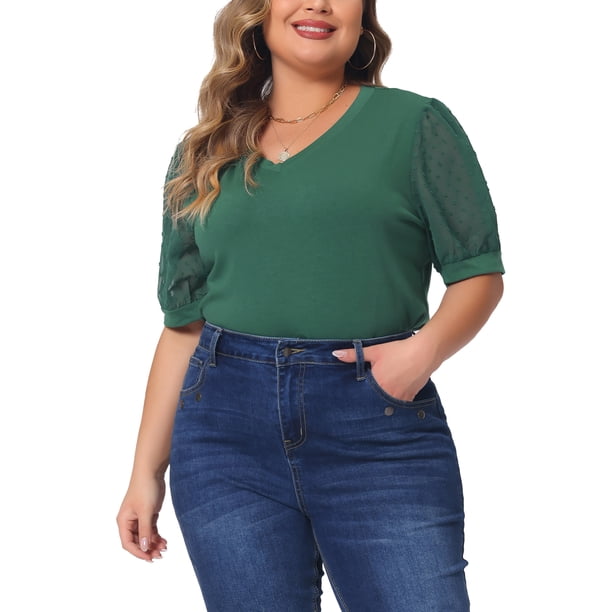 Blusas casuales de manga abullonada con puntos suizos en V para mujeres de tallas grandes Agnes Orinda 1X verde