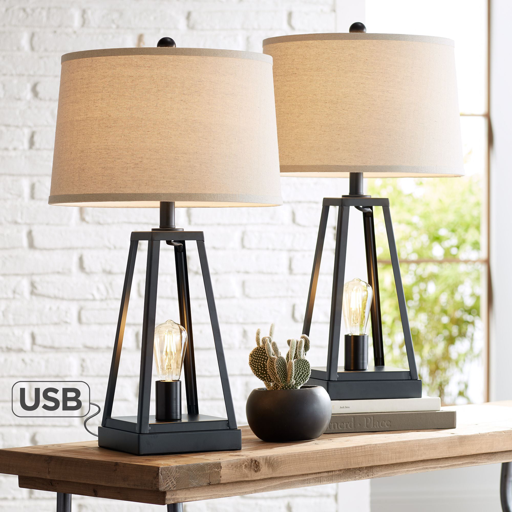 Franklin Iron Works Industrial Table Lamps Set of 2 with USB Port