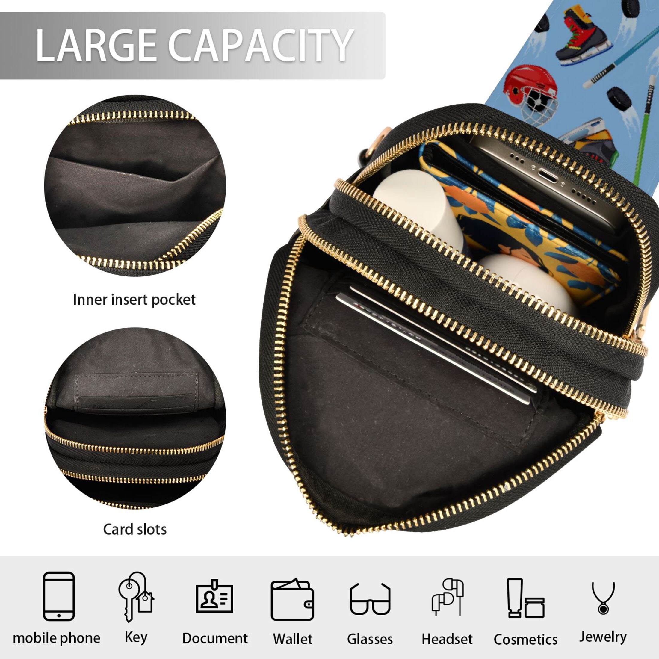 ALAZA Hockey Player Items Sling Bag for Women Men Waterproof Crossbody Chest Bags