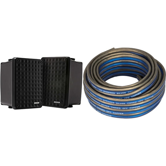Kicker KB6B 2-Way Full Range Indoor Outdoor Speakers (Pair) Weatherproof Speakers for Patio Garage Poolside in-Home, Black & 20ft Speaker Wire Bundle