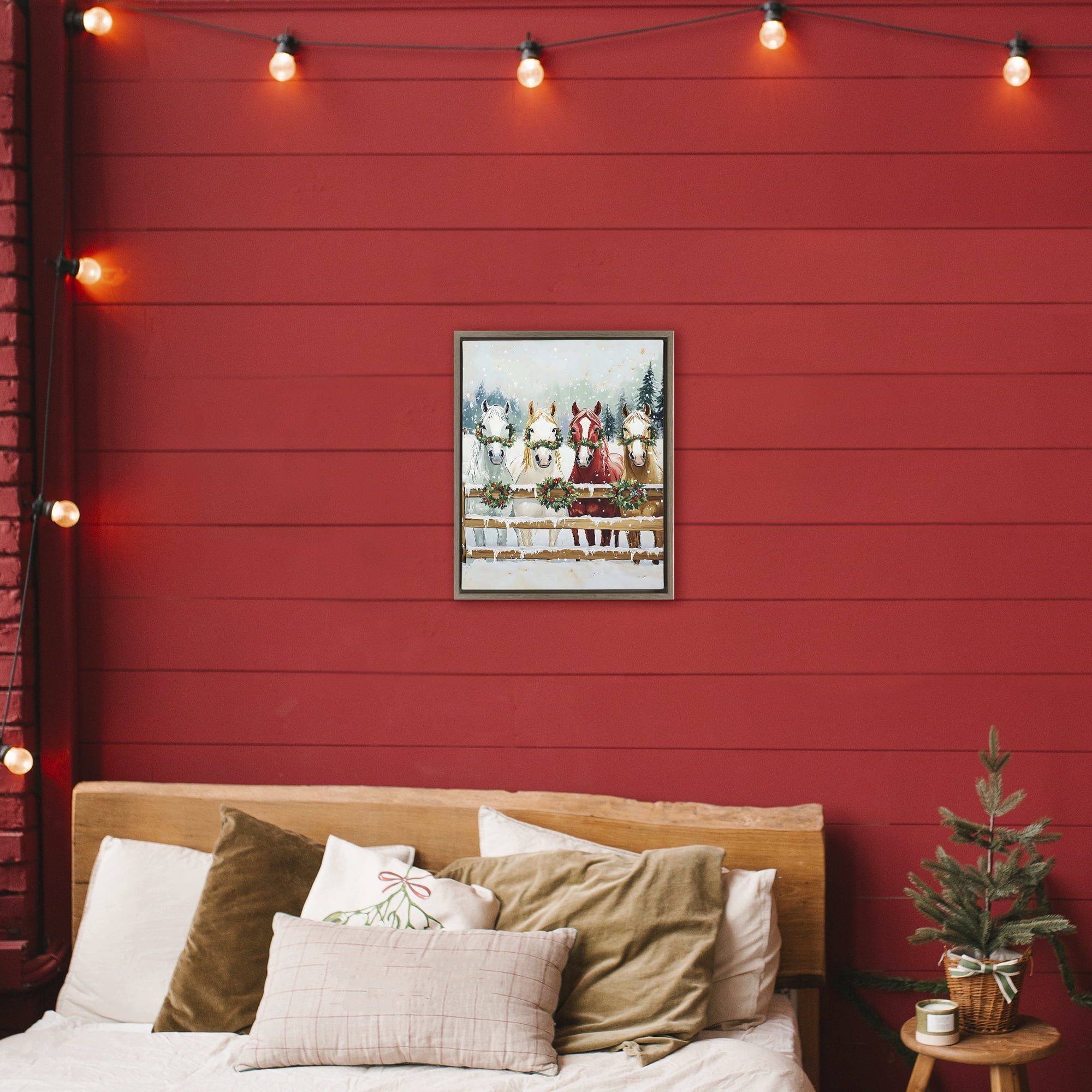 Stupell Industries Christmas Horses with Holly Wreaths Brown Framed Floater Canvas Wall Art, design by The Prints Vibe