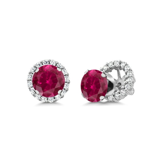 Gem Stone King 925 Sterling Silver Red Created Ruby Stud Earrings with Jackets for Women (3.54 Cttw, Gemstone July Birthstone, Round 7MM)