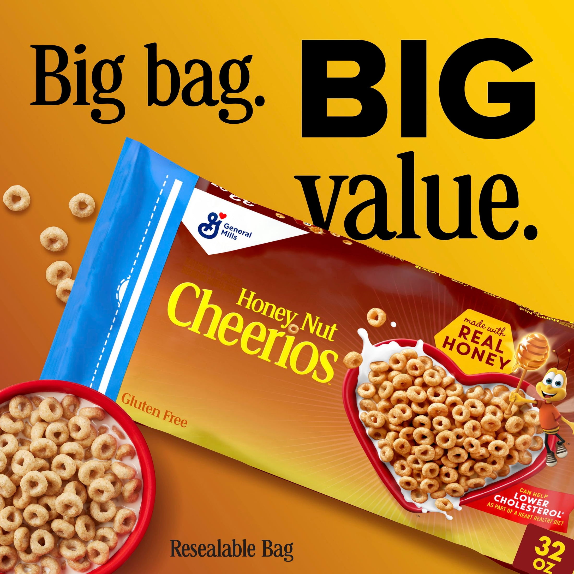 (6 pack) Honey Nut Cheerios, Heart Healthy Gluten Free Breakfast Cereal, Resealable Bag, 32 oz