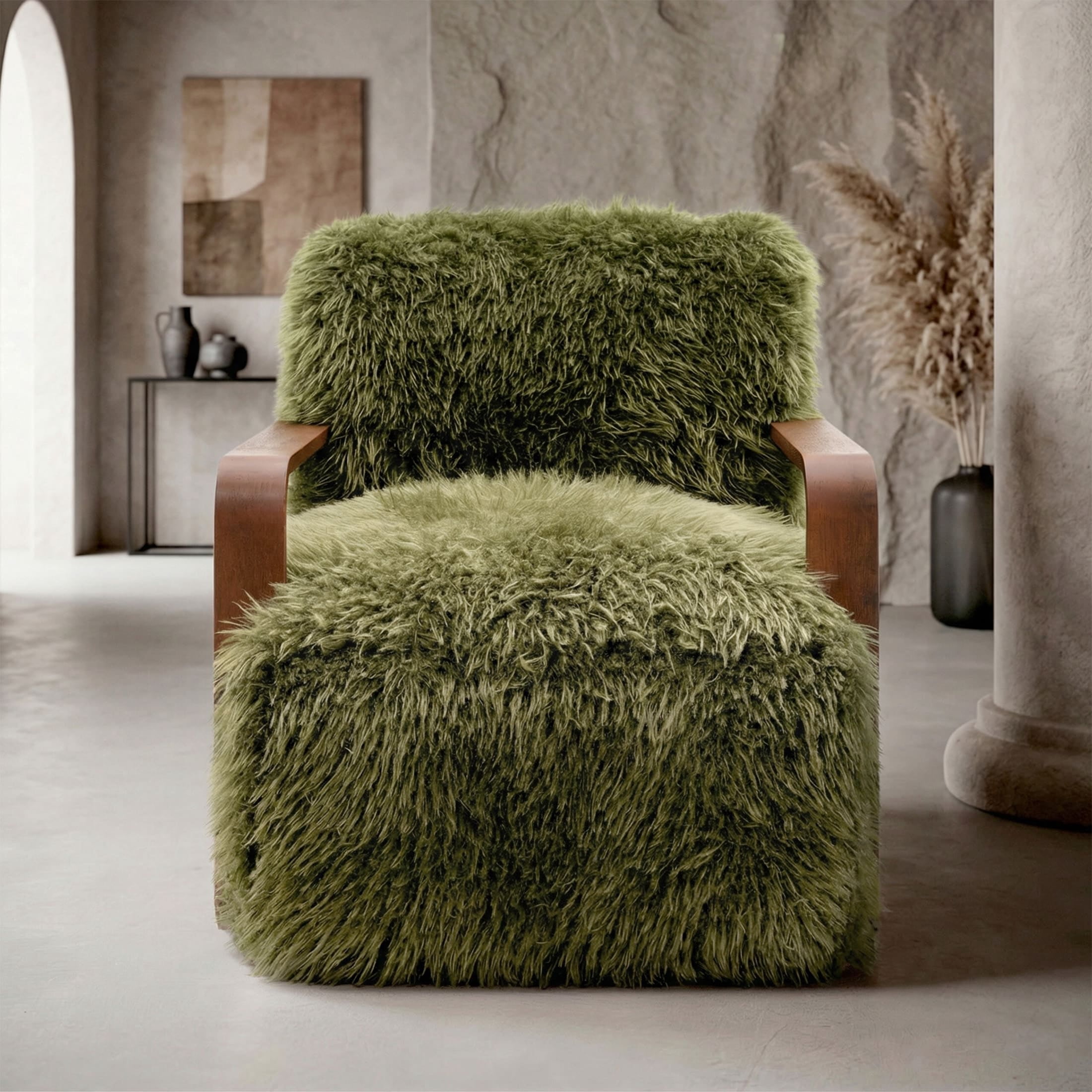 Aenkyo Yeti Contemporary Faux Fur Accent Chair with Dark Walnut Wood Arms, Green