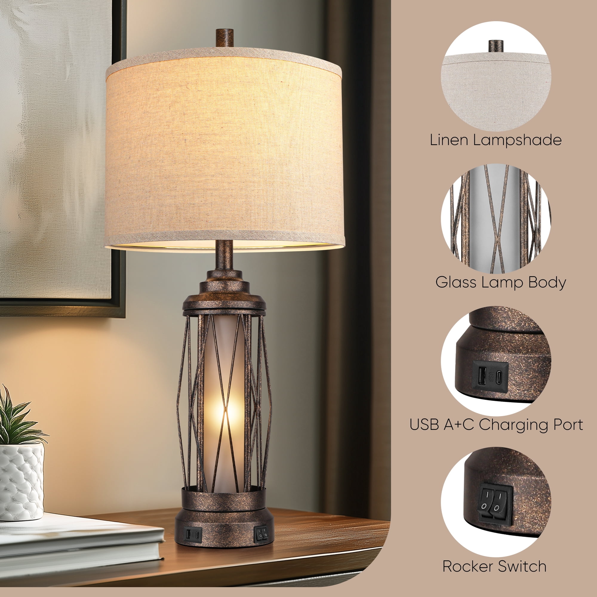 Farmhouse Table Lamps for Living Room, Rustic Nightstand Lamp for Bedroom with USB C+A Charging Ports, Built-in Frosted Glass Night Light for Entryway End Table, 4 Bulbs Included, Bronze