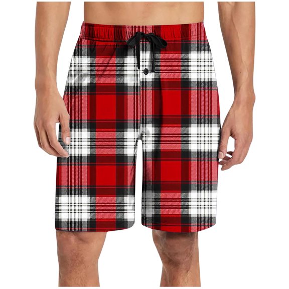 JUUYY Pajama Shorts for Men Plaid Pajama Bottoms Casual Elastic Waist Loose Lightweight Sleep Shorts Lounge Pjs Shorts with Pocket Red L