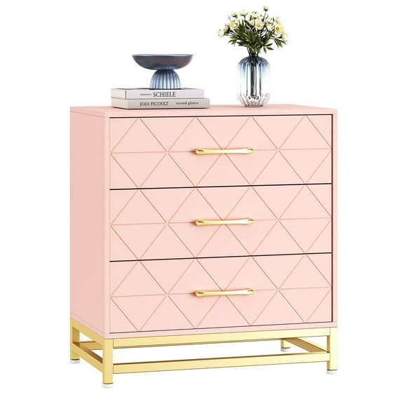 TROPOW Dressers & Chests of Drawers,3 Drawer Dresser Wooden Bedside Storage Bedroom Triple Dresser Bedside Dresser for Storage Modern Dresser with Gold Handles Pink
