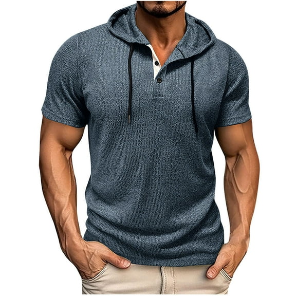 ZQUUVOU Men's T-Shirt Casual Button Short Sleeve Hooded Shirt (Dark Gray,L)