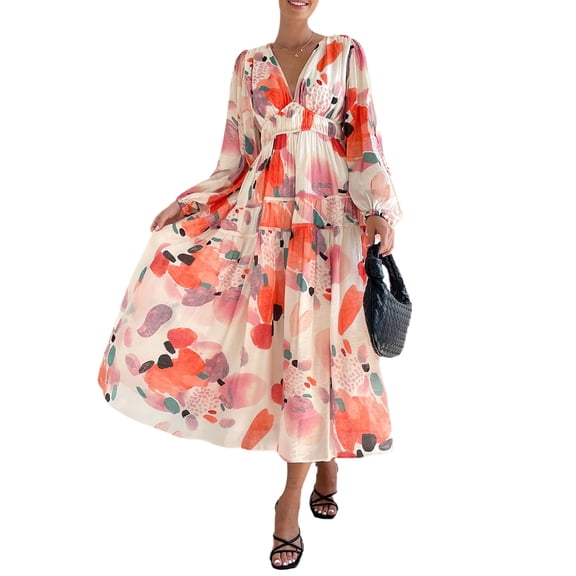 Wassery Women Floral Puff Sleeve Maxi Dress Bohemian V Neck Tiered Long Dress Layered Swing Dress Summer Beach Sundress Casual Beach Party Dress