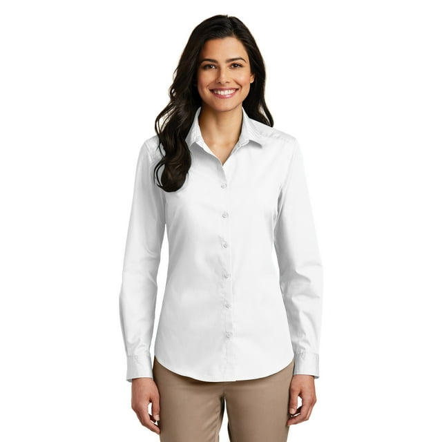 Camisa de popelina Carefree de manga larga para mujer de Port Authority®. LW100 Autoridad Portuaria LW100