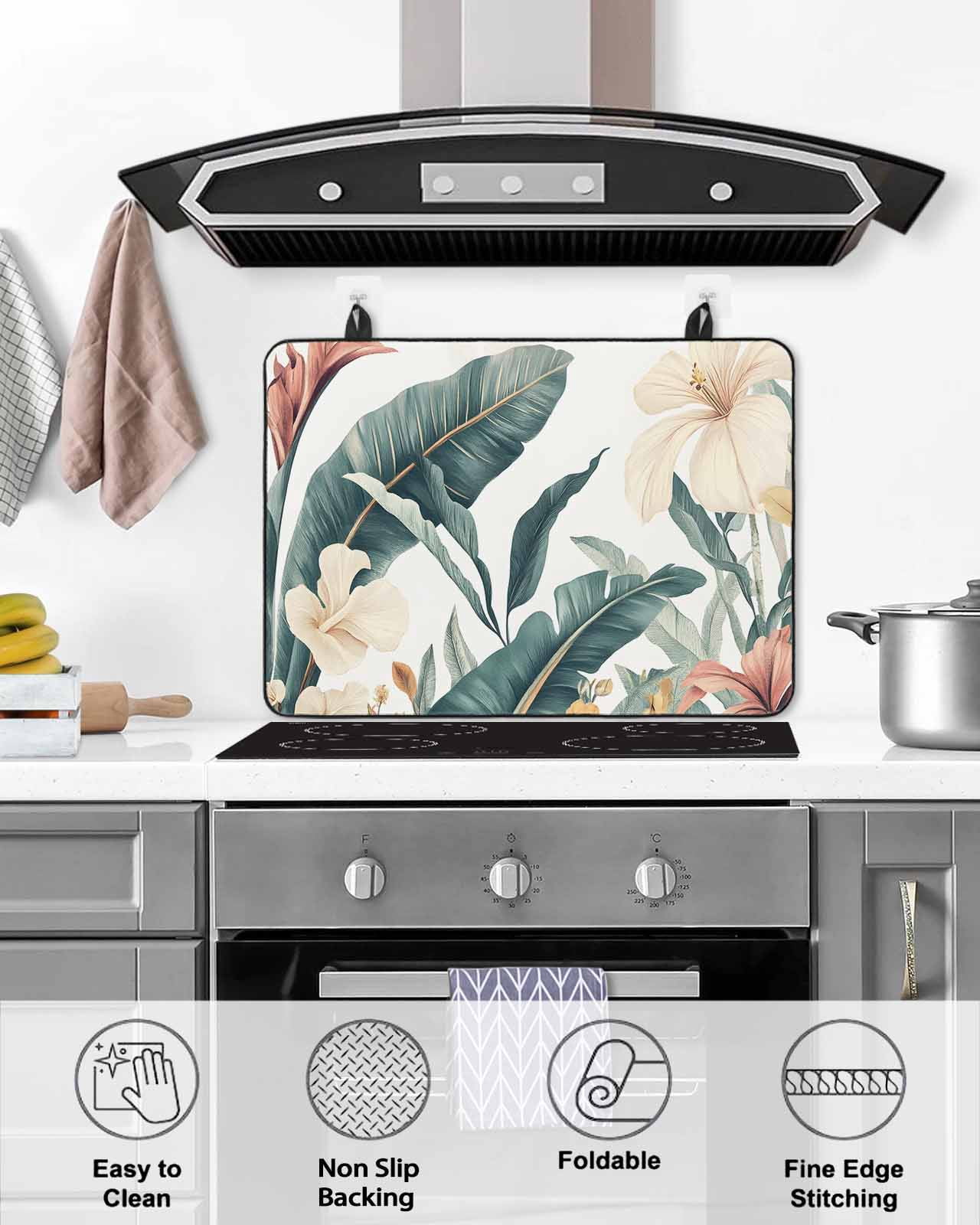 nqOlkjepod Large Induction Cooktop Protector Mat 36"x21", Tropical Leaves Floral Stove Top Covers for Electric Stove, Vintage Watercolor Flowers Stove Burner Cover Mats, Glass Top Stove Cover