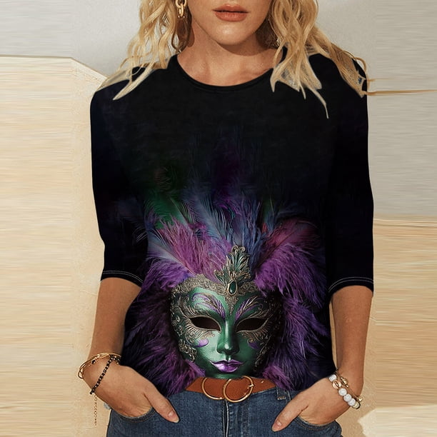 TaTaai Carnival Women's Casual Print Round Neck 3/4 Sleeve T-Shirt Loose Top Gift