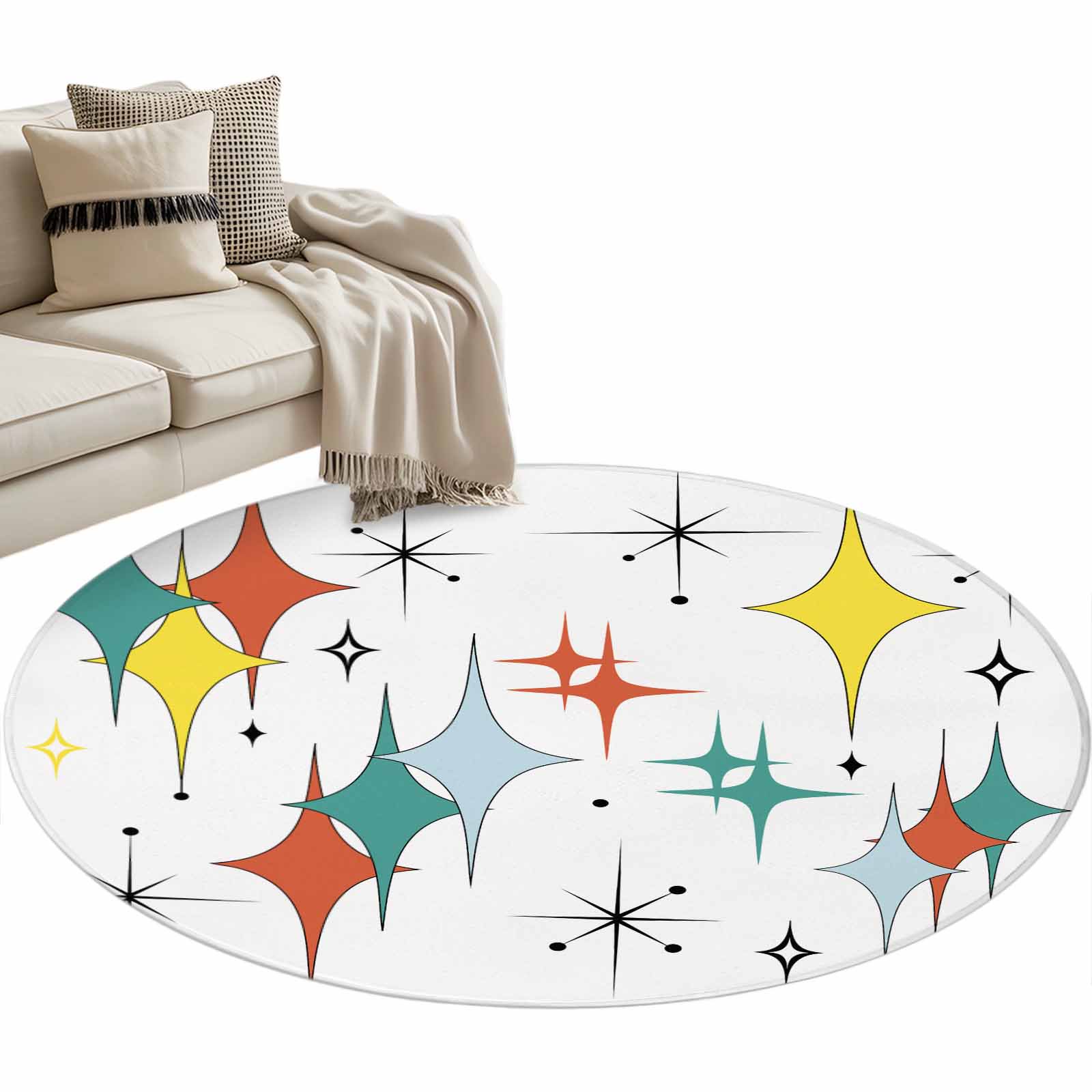 Round Area Rug 4ft Mid Century Geometric Floor Carpets Indoor Floor Area Mat Stain-Proof Mat Circle Rugs for Living Room Dining Room Kitchen Bedroom Modern Teal Orange Yellow Sofa Throw Carpet