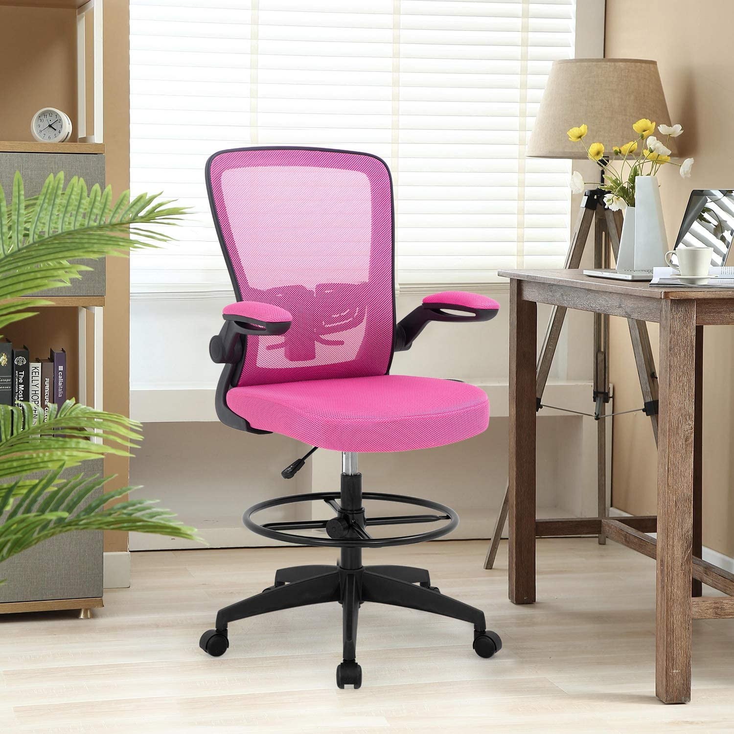 Pink Drafting Chair Ergonomic Tall Office Chair with Arms Foot Rest Back Support Adjustable Height Rolling Swivel Desk Chair Mesh Drafting Stool for Standing Desk Adults Women