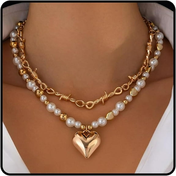 XBage Layered Gold Necklaces For Women Gold Barb Wire Necklace Dainty Barbwire Choker Necklace Gold Pearl Beaded Necklace Statement Chunky Heart Pendant Necklace Non-Fading Gold Jewelry [xl6233]