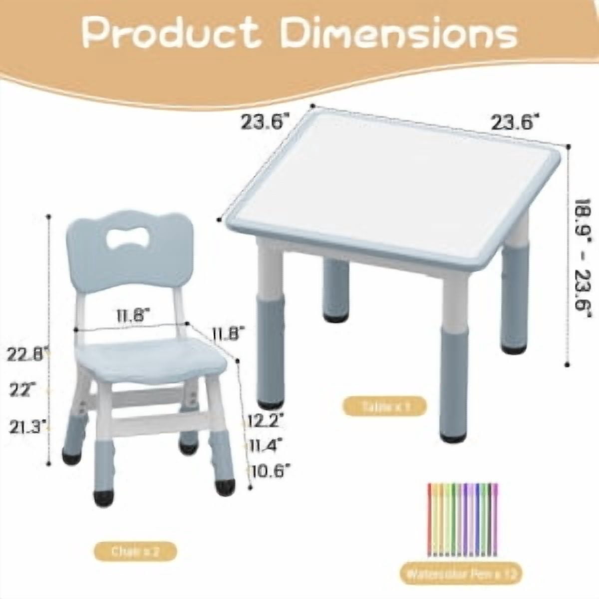 Kids Table & 2 Chair Set,Square Table and Chairs Set,Height Adjustable Toddler Table with Graffiti Desktop,Children Multi-Activity Table for 2,Kids Furniture for Ages 2-8