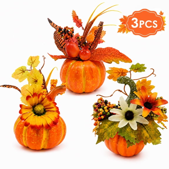 Fall Artificial Pumpkin Decor Fall Centerpiece with Maple and Flowers for Harvest Autumn Season Halloween Thanksgiving Holiday 3Pcs