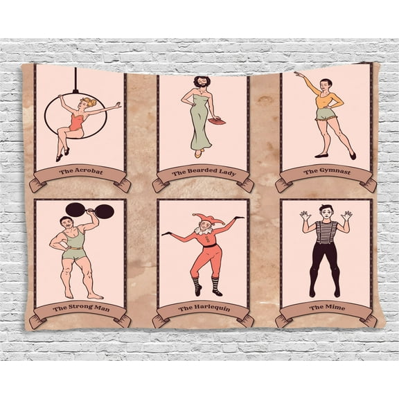 Circus Tapestry, Vintage Circus Characters Acrobat Bearded Lady Gymnast Strong Man Harlequin Mime, Wall Hanging for Bedroom Living Room Dorm Decor, 80W X 60L Inches, Pink Beige, by Ambesonne