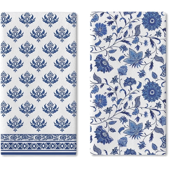Blue Flowers Kitchen Dish Towels Set of 2, Vintage Traditional Floral Damask Drying Hand Towel Baking Cooking Cloth, Retro Spring Summer Bathroom Home Decoration 18'' x 26''
