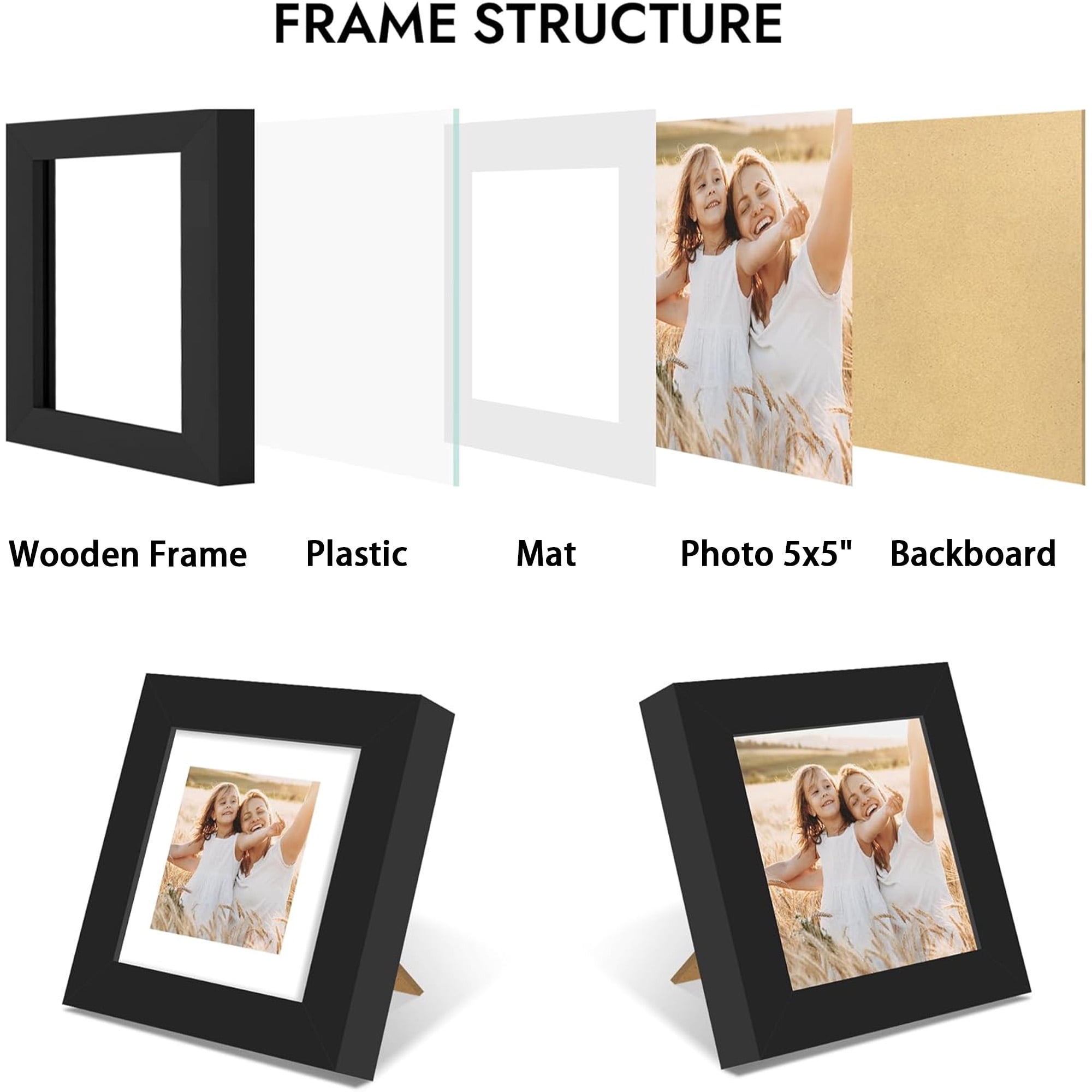 5x5 Picture Frame Set of 2, Display 3.5x3.5 Picture with Mat or 5 x 5 Without Mat, Square Wood Photo Frame for Wall Mount and Tabletop Display