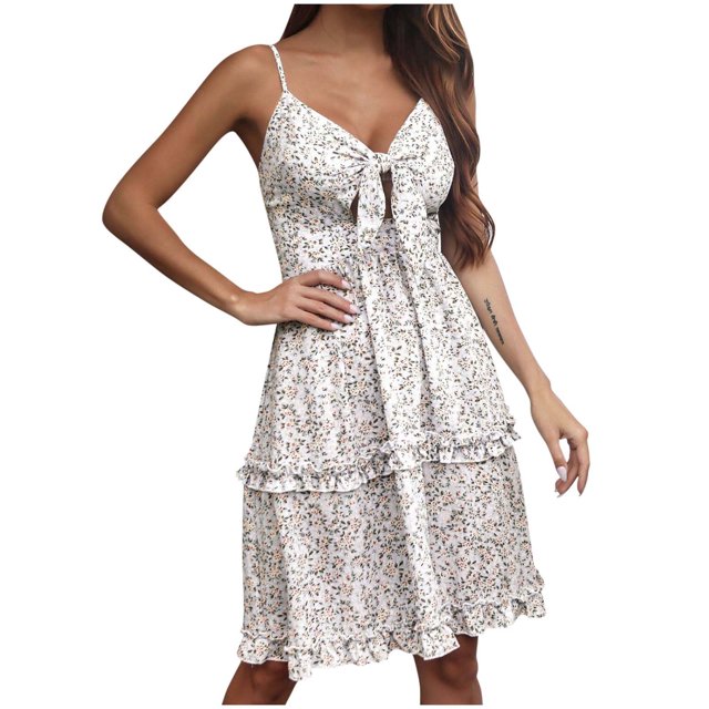 Robes d'Été pour Femmes Décontractées à Col Licou à Imprimé Floral avec Lien Mini Courte Robe Dames Sans Manches Robes de Plage